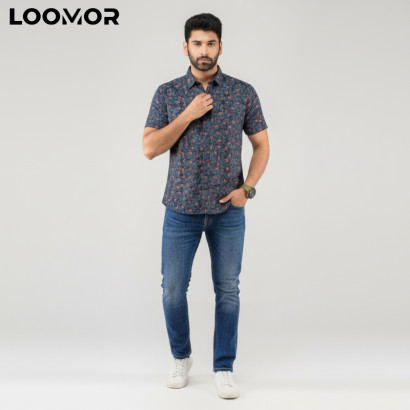 Half-Sleeve Printed Cotton Hawaiian Shirt- Black