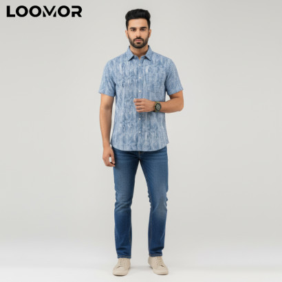 Half-Sleeve White Blue Stripe Shirt