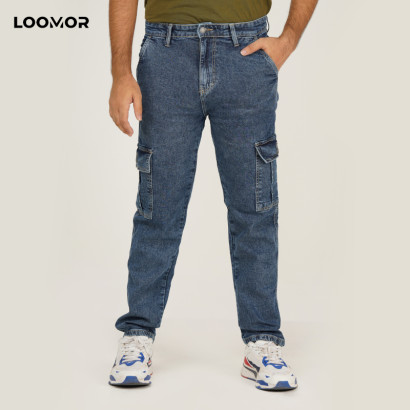 Six Pocket Denim Cargo Pant- Mid Blue