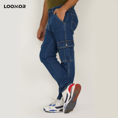 Six Pocket Denim Cargo Pant- Dark Blue